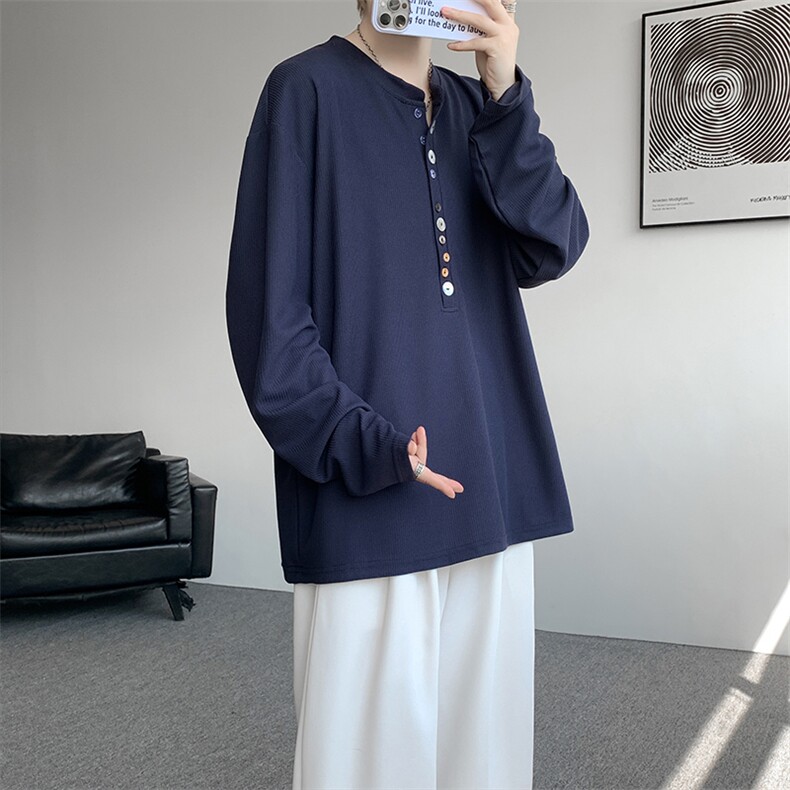 8XL-M慵懒肌理感华夫格廓形云母贝纽扣长袖T恤打底长袖CX3006P48,男装T恤,电商D206-1