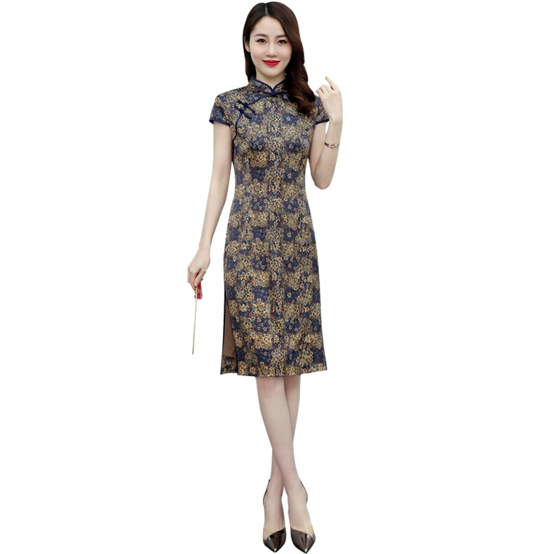 杭州丝绸弹力缎重磅真丝双层旗袍中长款气质显瘦婚礼服连衣裙,女装连衣裙,媚琳依坊