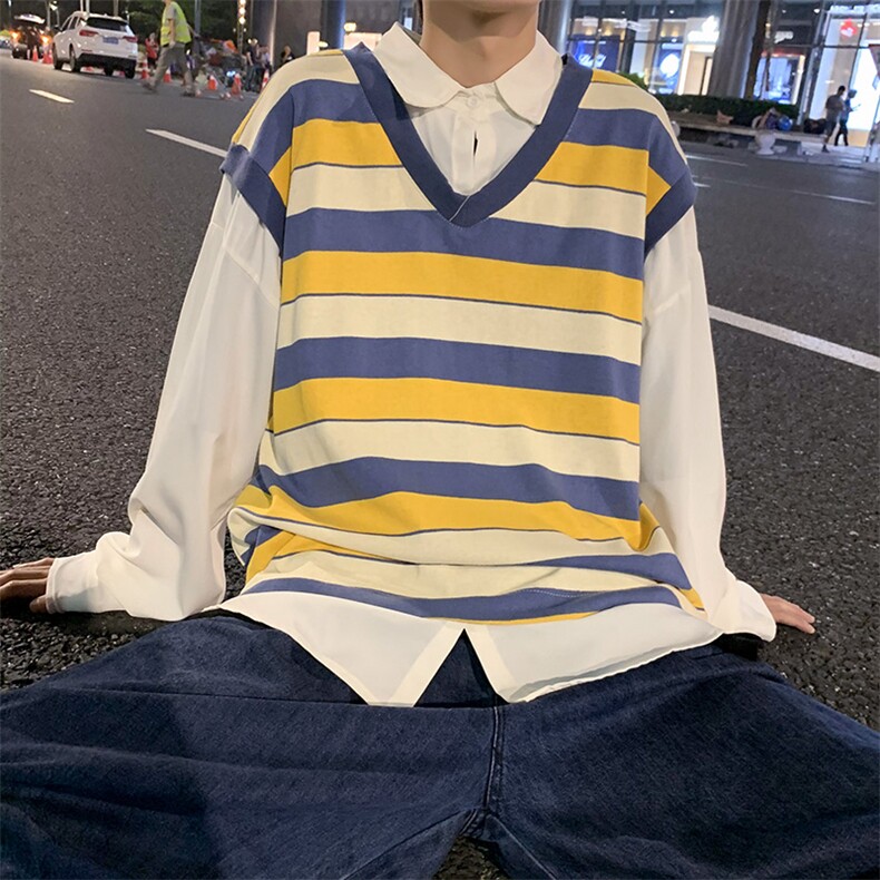 910A-DY19秋装假两件条纹拼接卫衣小清新情侣上衣男图片