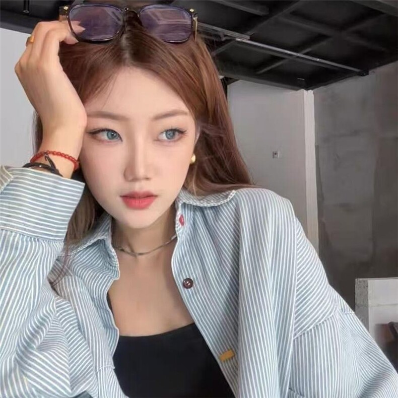 韩系小清新减龄撞色条纹衬衫男女春秋独特别致彩色扣休闲衬衣,男装衬衫,星座506A