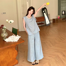 2025夏季新款韩系轻熟风高端精致蓝色上衣阔腿裤宽松显瘦两件套装，女装套装/套裙，浙宝301