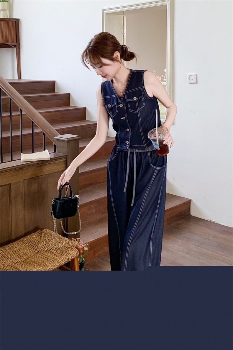 深蓝色牛仔马甲时尚套装女2026夏季新款韩版宽松休闲阔腿裤两件套,女装套装/套裙,印象茜