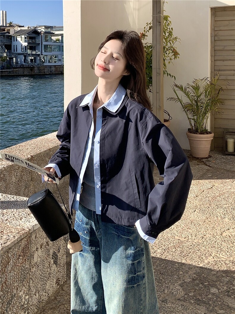 蓝色撞色衬衫领短款夹克外套女2026春秋新款韩系时髦减龄夹克显白,女装短外套,艾米莉亚