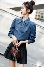 长袖常规学院风撞色显瘦牛仔衬衫春秋衬衫欧美风美式气质衬衣蓝色，女装衬衫，微微衣阁