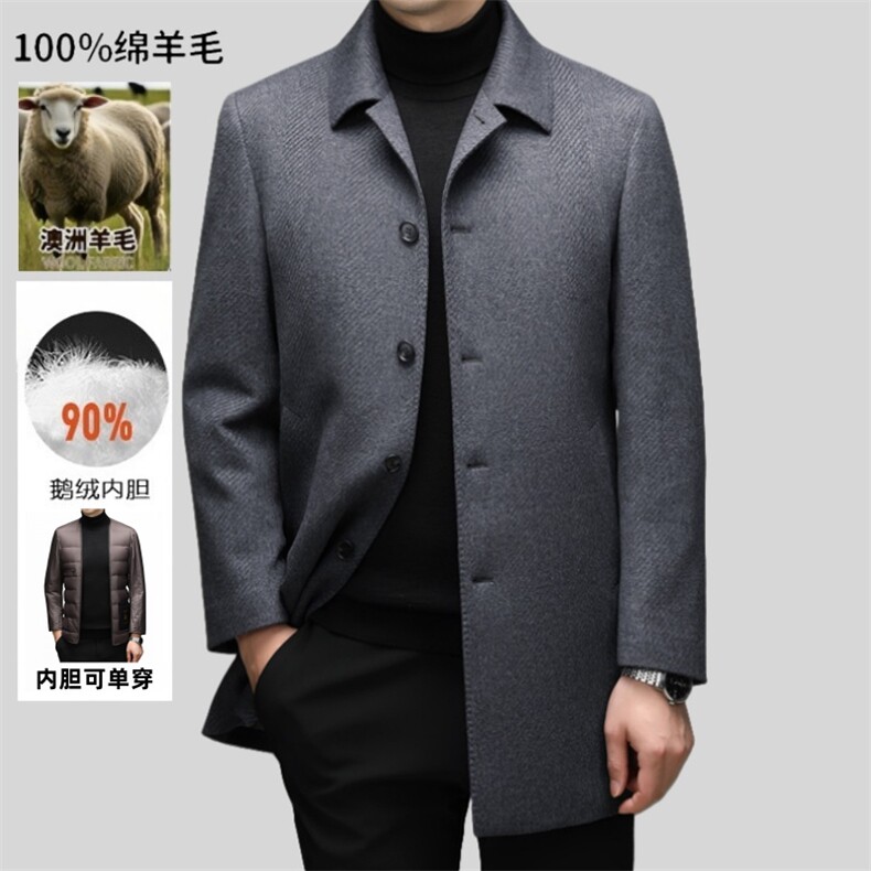 高端中年绵羊毛白鹅绒内胆翻领大衣秋冬中老年羊毛双面呢外套，男装毛呢大衣，钱塘723