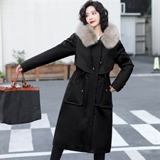 2022冬季新款时尚腰间抽绳修身气质真狐狸毛领舒适保暖连帽派克服,女装棉衣/棉服,时尚俏佳人