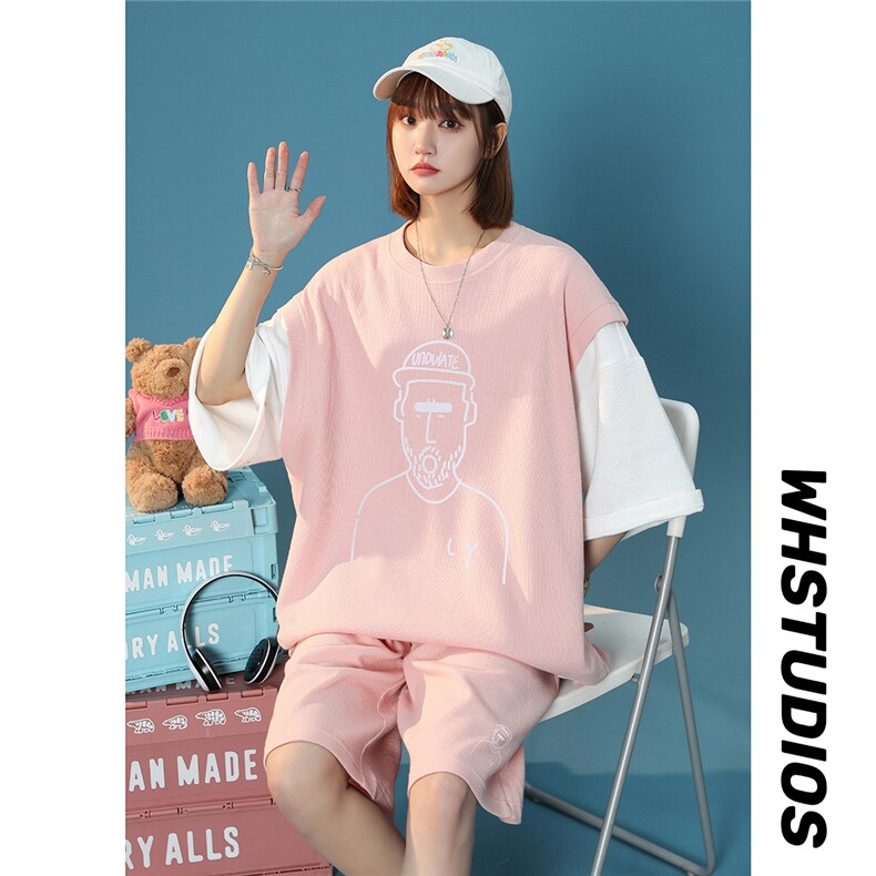 中性2023夏季新款华夫格宽松拼色运动风情侣套装TZ611P75控98，男装休闲套装，A247A