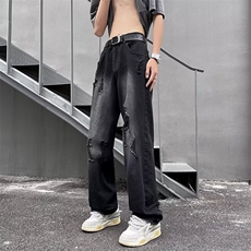 牛仔裤男夏季薄款美式高街破洞直筒裤子潮牌百搭宽松休闲长裤，男装牛仔裤，星座716-3
