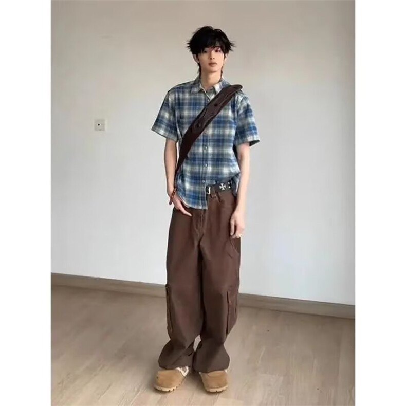 美式蓝色格子短袖衬衫男夏季新款格纹衬衣休闲风宽松翻领薄外套男,男装T恤,四季星座505