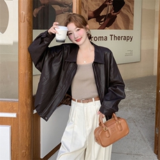 气质短款咖色皮衣外套女春秋2025新款小个子甜酷风PU夹克百搭爆款，女装皮衣，2C050