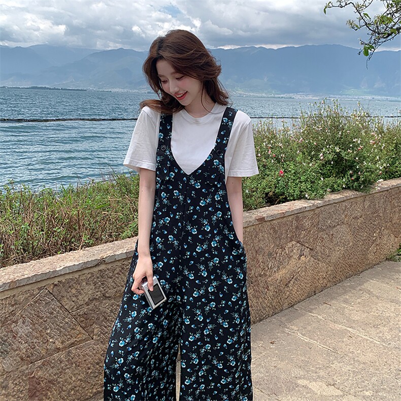海边度假碎花背带裤女2025夏季新款韩系慵懒风宽松显瘦阔腿连体裤,女装连体裤,浙宝276（原081）