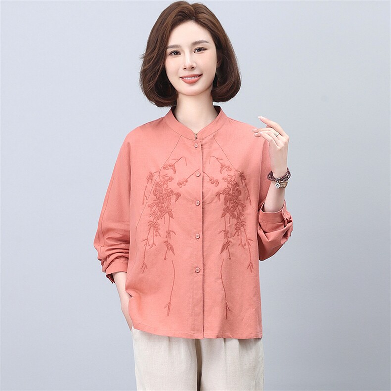 棉麻衬衫女2025新款春秋宽松大码中老年休闲亚麻刺绣上衣,女装衬衫,忆绮罗