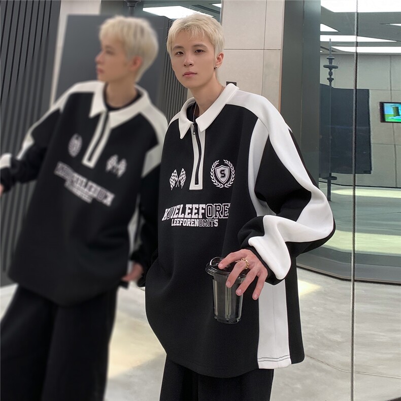 秋季美式复古POLO衫男新款重磅卫衣休闲撞色拼接上衣W83-P48,男装卫衣,电商C307