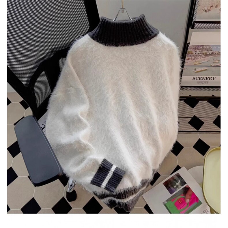加厚撞色半高领仿水貂绒毛衣情侣男女日系宽松新款软糯宽松针织衫,男装针织衫/毛衣,星座506A