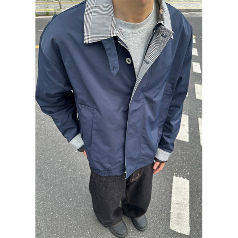 格纹撞色拼接夹克上衣男女春秋宽松休闲情侣痞帅工装外套J6818,男装夹克,星座1116A（原606A-3）