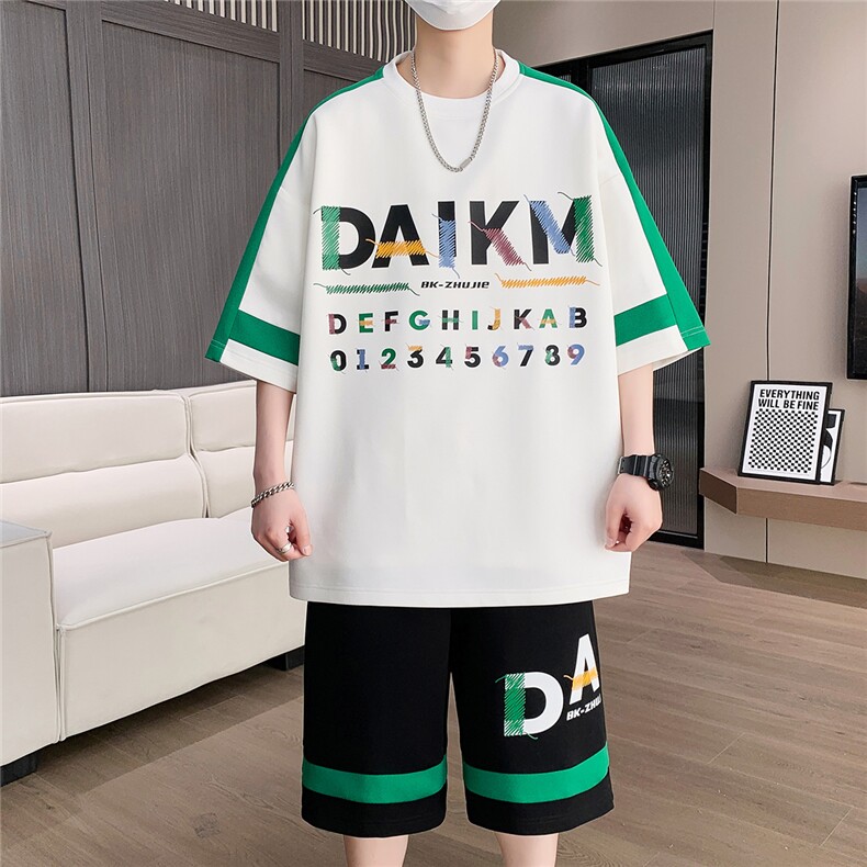 休闲运动套装夏季宽松阔版青少年学生短袖短裤一套A436-T69-P50,男装休闲套装,电商A436