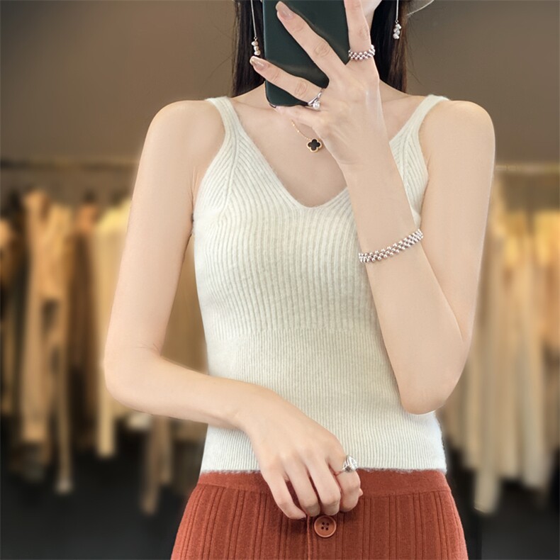 2024冬新款V领羊绒衫女羊毛吊带背心修身显瘦无袖内搭针织打底衫，女装背心吊带，羿纯羊绒