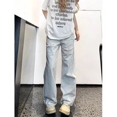 水洗蓝色破洞阔腿牛仔裤男女夏季磨破宽松百搭直筒拖地裤NS702，男装牛仔裤，星座1116A（原606A-3）