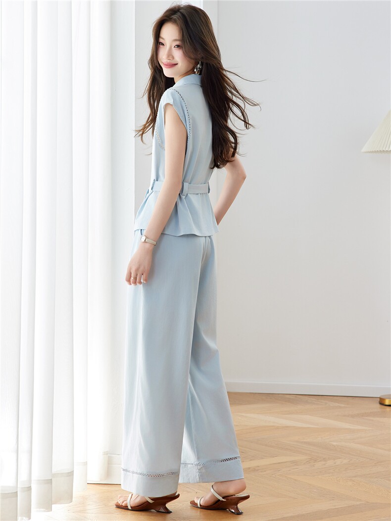 现货！休闲时尚套装女2026夏季新款气质收腰无袖上衣阔腿裤两件套,女装套装/套裙,沐七七