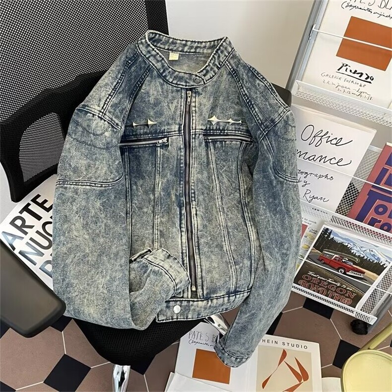 水洗垫肩短款拼接牛仔外套男款ins潮金属设计感立领夹克JC1224，男装工装外套，星座516A