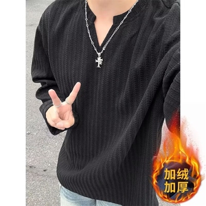 网络图现货美式复古亨利衫加绒硬汉亨利领坑条卫衣JT576-P45