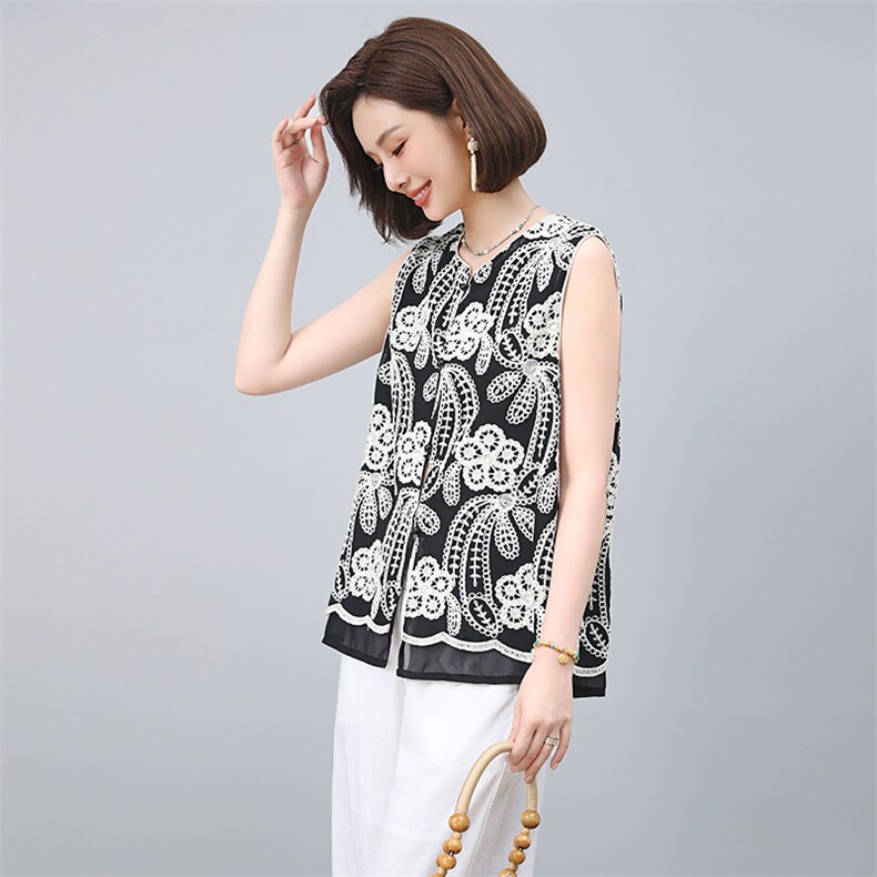 2025年夏季无袖刺绣开衫上衣，女装T恤，小林双子