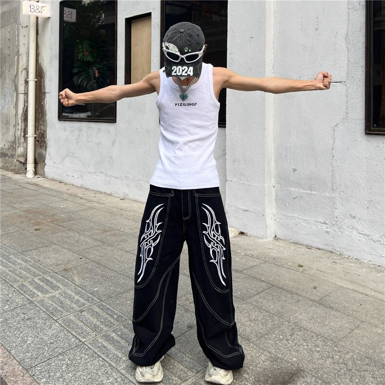 美式解构丹宁弯刀牛仔裤男潮牌可拆卸方巾设计感宽松直筒阔腿长裤,男装牛仔裤,四季星座505