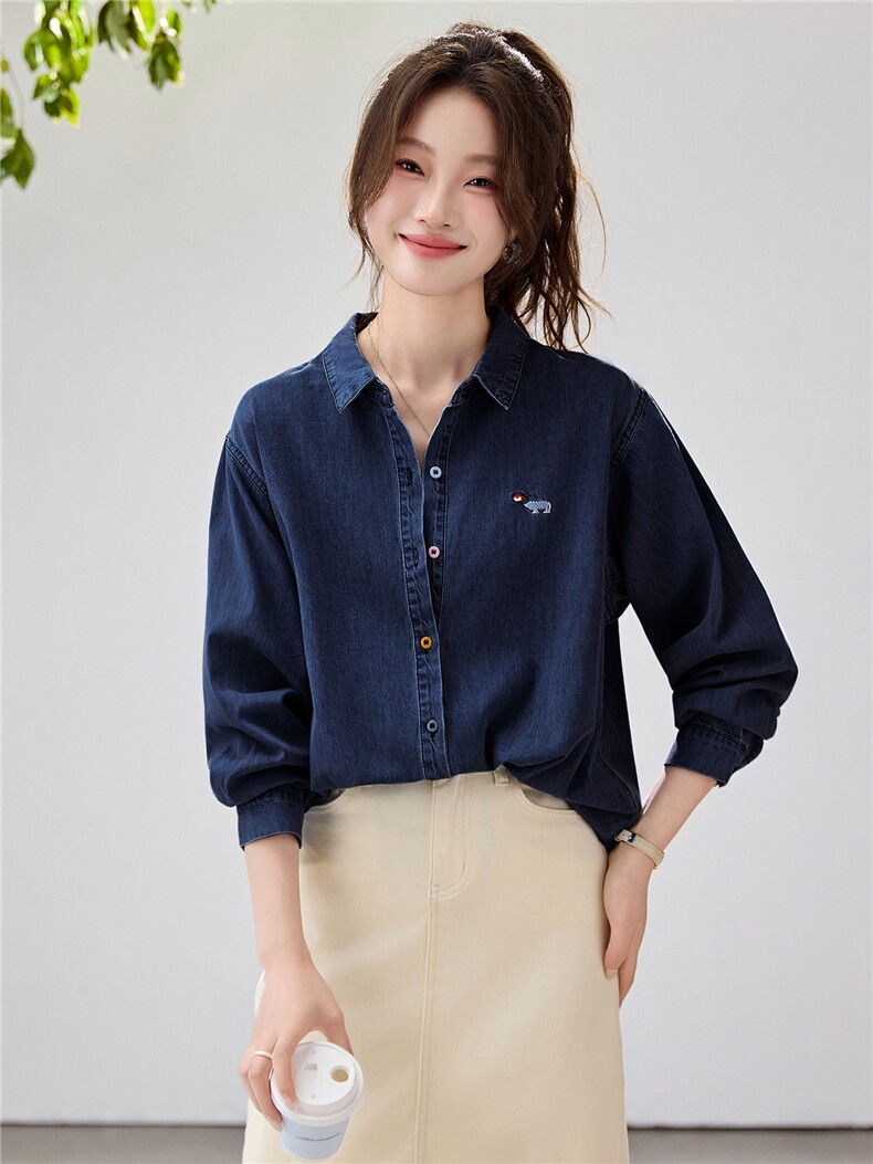 韩系松弛感牛仔衬衫女2026春款刺绣彩扣叠穿百搭长袖上衣宽松显瘦,女装衬衫,艾米