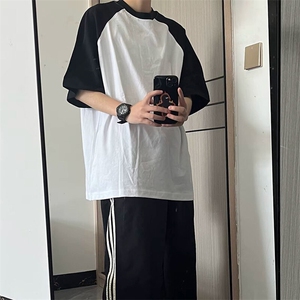 抖音得物高品质二开240克宽松纯棉美式潮牌插肩袖拼接短袖T恤图片
