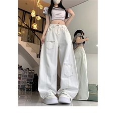 美式复古白色弯刀牛仔裤男女生春秋高街设计感宽松显瘦垂感阔腿裤，男装牛仔裤，星座302B