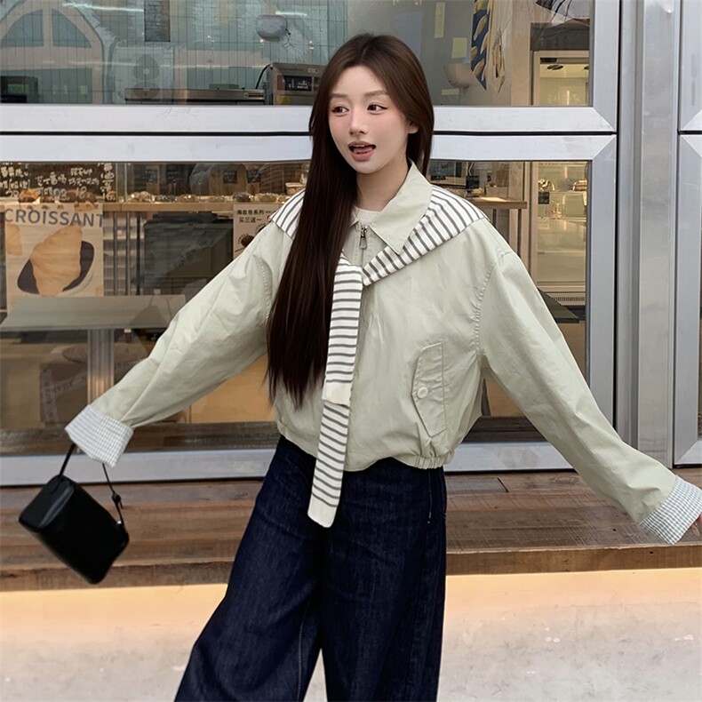 条纹披肩翻领浅卡其外套女春秋2025新款高级感夹克上衣韩版超好看,女装短外套,浙宝193A