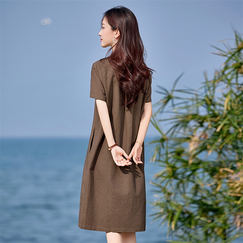 亚麻连衣裙2025夏季新款短袖中长款宽松显瘦大码胖MM妈妈棉麻裙子,女装连衣裙,文熹诺
