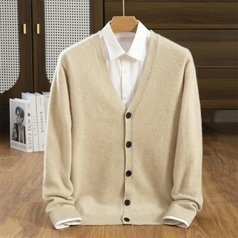 时尚男士羊绒V领开衫秋季新款简约百搭保暖外套品质商务休闲毛衣，男装羊绒开衫，隆格羊绒