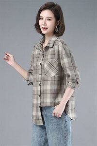 2021年春季自主图常规韩版长袖格子衬衫女磨毛衬衣外套图片