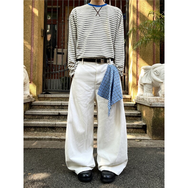 港风秋款男女牛仔裤白色阔腿宽松直筒长裤带方巾NK208P55，男装牛仔裤，星座1013-1