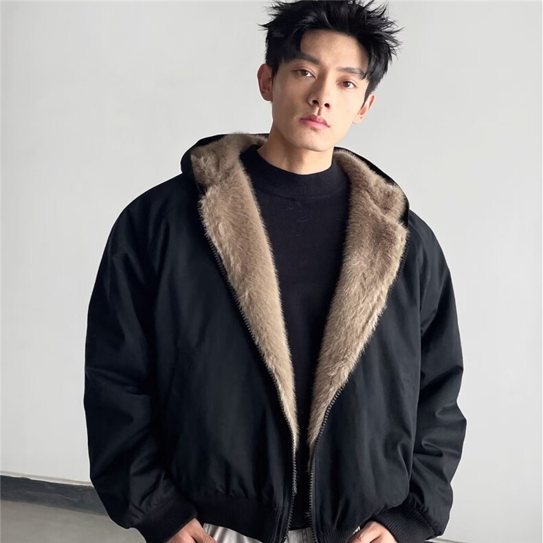 美式高街棉服男款冬季加厚连帽毛领外套高级感痞帅夹克棉衣图片
