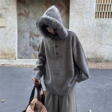 【现货】美式复古宽松慵懒风可拆卸毛领连帽针织衫XM5829P66，男装针织衫/毛衣，星座1112-1
