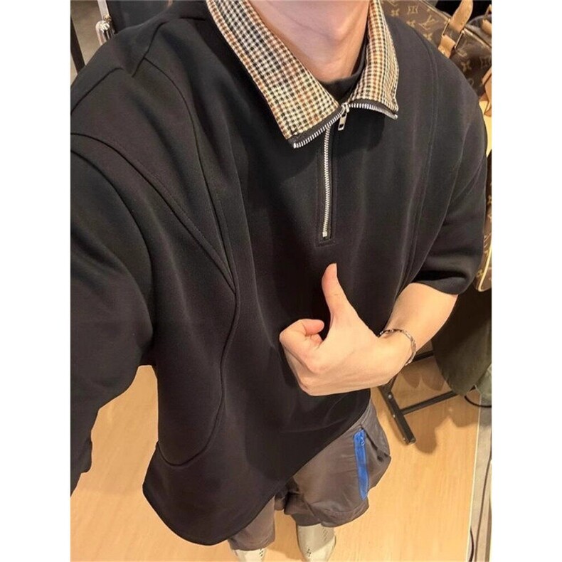 千鸟格拼接短袖polo衫男夏季老钱风重磅t恤高级感五分袖T2506,男装Polo衫,星座1116A（原606A-3）