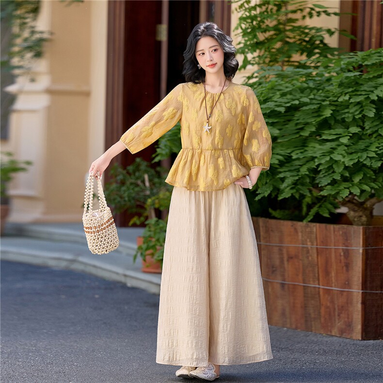 夏新款圆领绣花宽松小衫裙裤优雅气质套装女,女装套装/套裙,水衣源