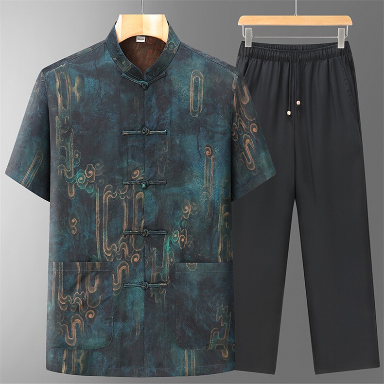 高端香云纱中老年风唐装男夏中式复古衬衫短袖套装，男装民族服装，钱塘723