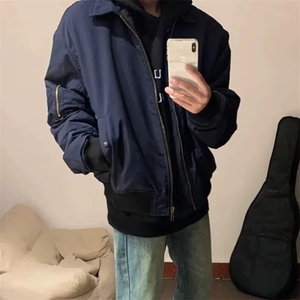 网红同款美式复古藏青色飞行员夹克外套潮牌欧美街头短款棒球服男图片