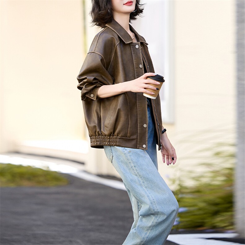 复古擦色做旧棕色皮衣女春秋2024新款美式甜酷机车PU皮夹克短外套，女装皮衣，美拉德工厂直营店