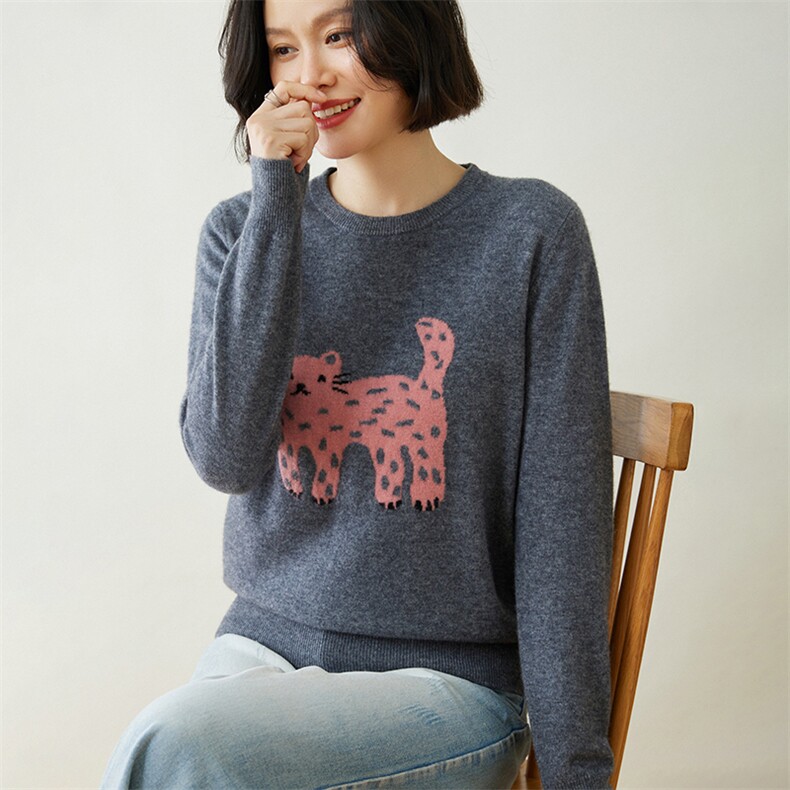 时尚可爱猫咪图案女士羊绒衫舒适保暖圆领设计,女装羊绒衫,迎冬羊绒