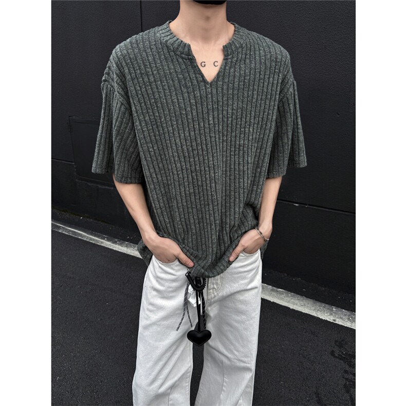 V领磨毛坑条肌理感夏季短袖男士设计感T恤宽松大码亨利领上衣P30,男装T恤,电商C306-1