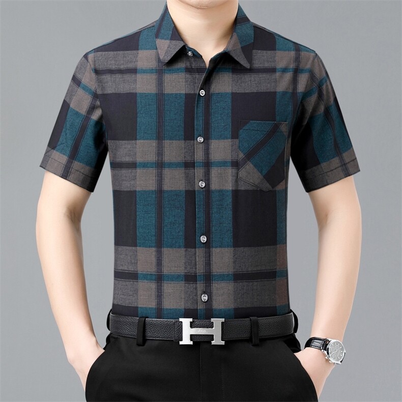 短袖衬衫男格子翻领上衣服夏季中老年男士休闲宽松衬衣爸爸夏装,男装衬衫,电商B212（原钱塘6029）