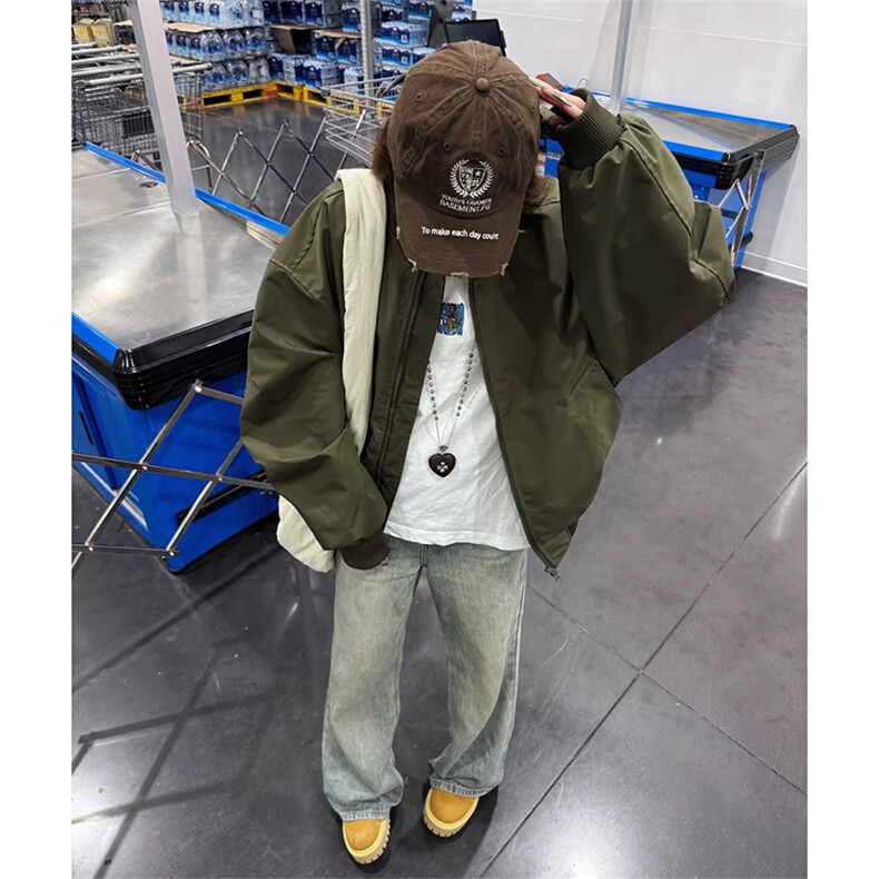 抖音得物美式潮休闲夹克春季立领纯色复古工装加厚棉服外套MF01,男装夹克,电商A443