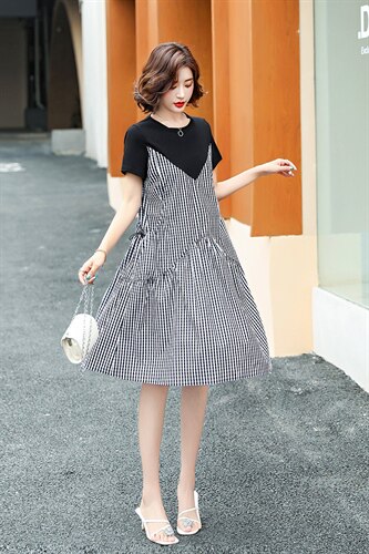 新款2021年夏季韩版假两件中裙短袖圆领口袋连衣裙，女装连衣裙，蓝诺裳