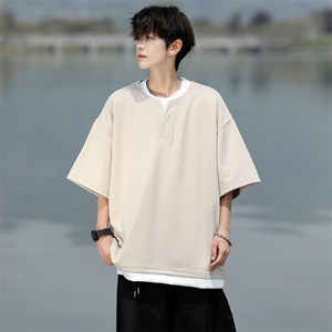 8XL-M重磅斜纹假两件短袖t恤男夏季薄款宽松大码半袖体恤DT006P45图片