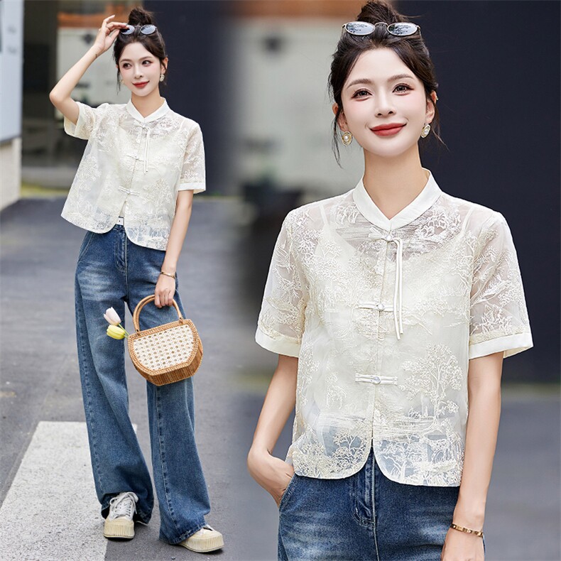 新中式国风刺绣短袖衬衫女夏季2024新款流行漂亮薄款防晒开衫上衣,女装短外套,伊仟回