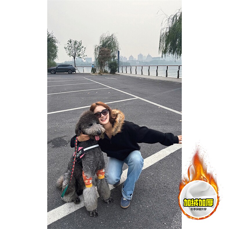 480G重磅加绒硬挺boxy秋冬美式高街超大毛领座山雕连帽卫衣厚外套，女装短外套，电商A486